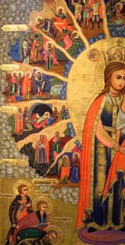 Art sacré, objets religieux  - Vierge à l'Enfant et scènes des Évangiles - Icône russe à fond doré, XIXe siècle